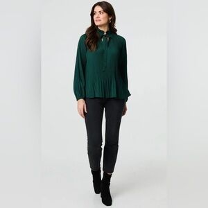 New Papillon Blanc Blouse Dark Green Emerald Top Long sleeve Pleated Size XS